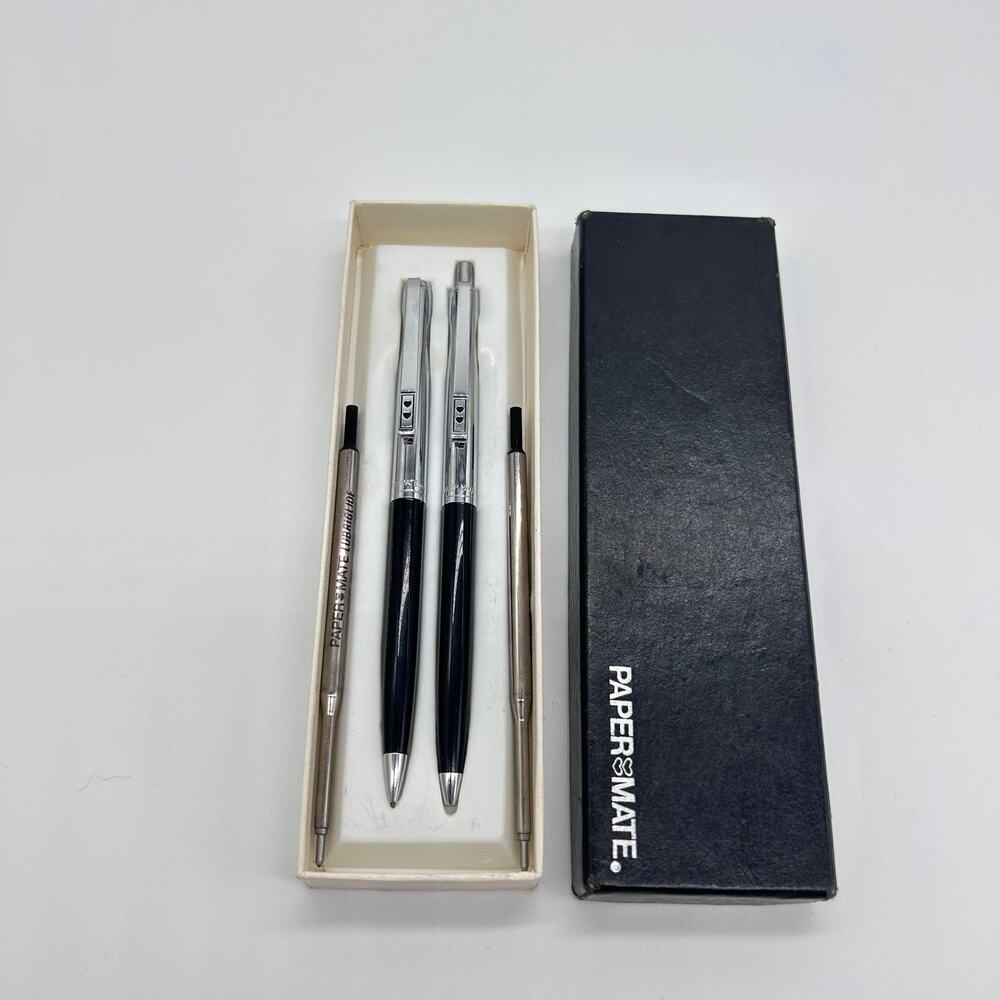 Vintage Paper Mate Double Heart Pen Pencil Set 2 Lubriglide Refills Black Blue